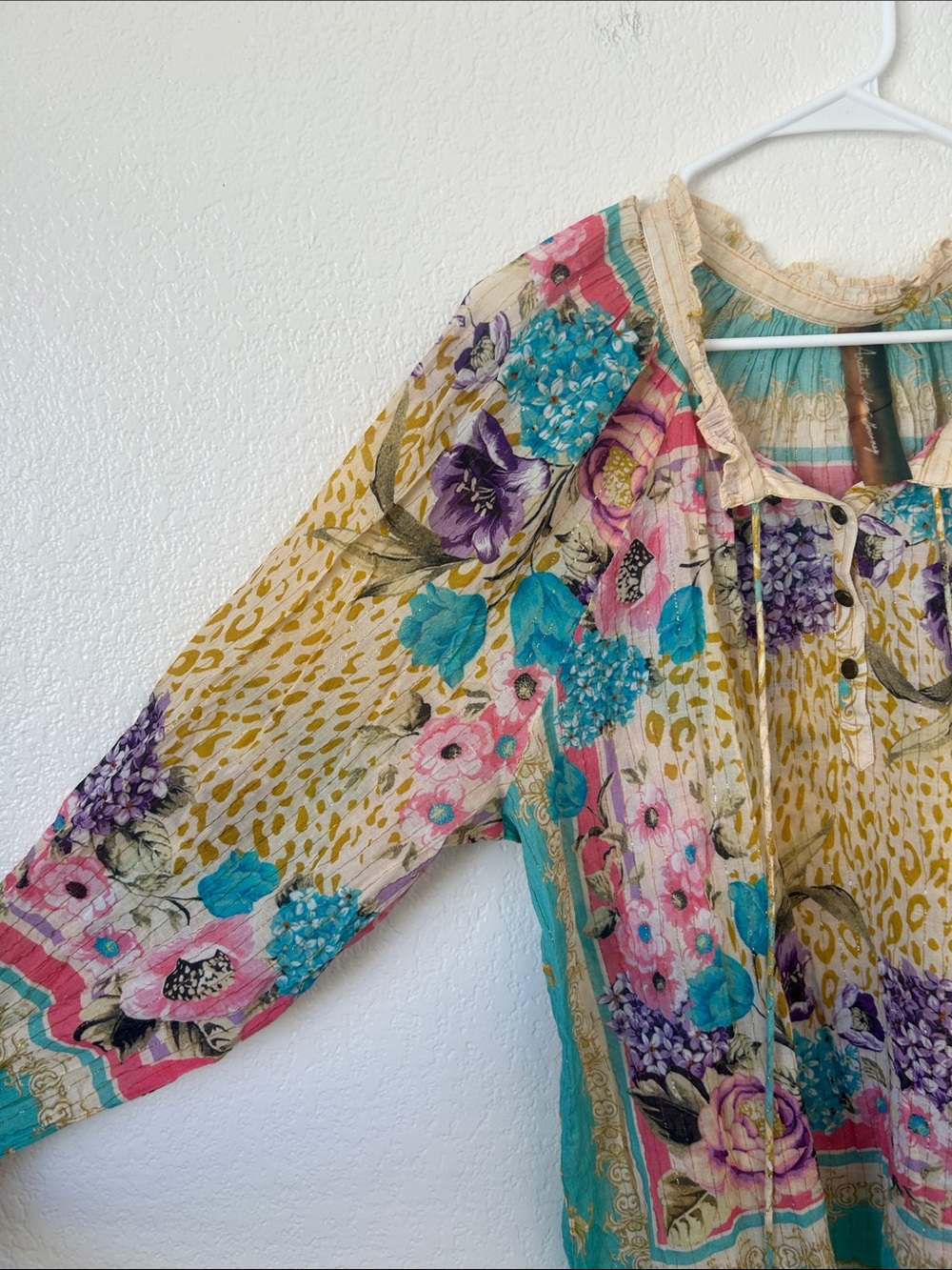 Boho Floral Patchwork Peasant Blouse in Teal, Yellow & Pink - Picture 4 of 11